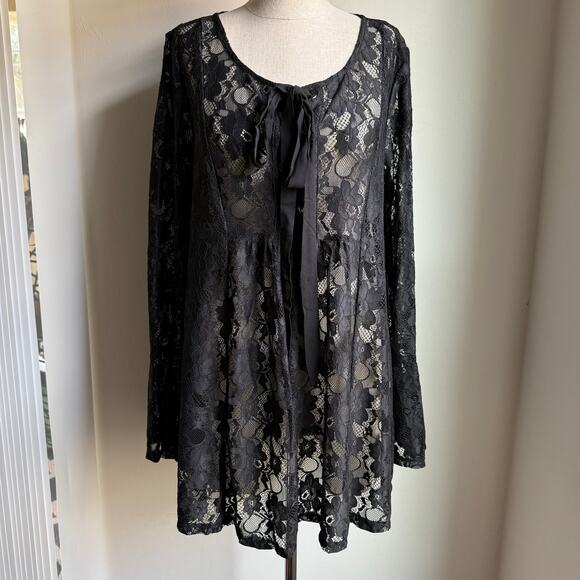 Forever 21 Black Lace Peasant Tunic Top Fairy Grunge Boho Goth Coquette - Picture 2 of 8